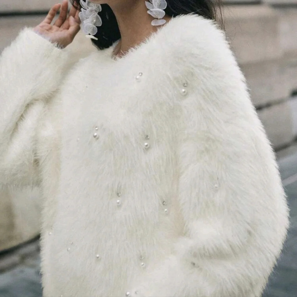 Women's Elegant Cream-White Faux Mink Fuzzy Sweater With Rhinestone Decor - Picture 4 of 6